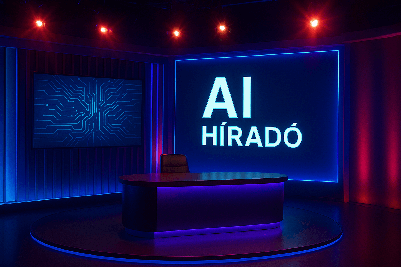 AI Híradó stúdió — neon kék és piros fényekkel megvilágított hírstúdió